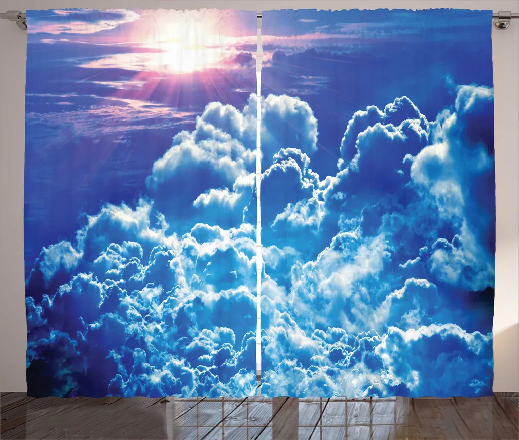 Rideau Bleu Anti-Regard Motif Ciel - Fixation Facile Boucles et Crochets