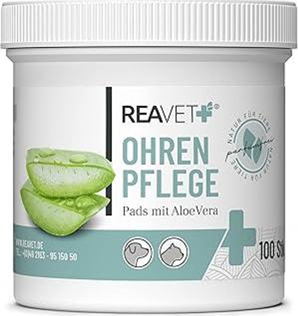 ReaVET Ohrenreiniger Hund & Katze 100 Stück – Ohrenpflege Pads Hund I Pflegeprodukt für Ohren, Reinigungstücher Hund, Besonders Milde & Schone...