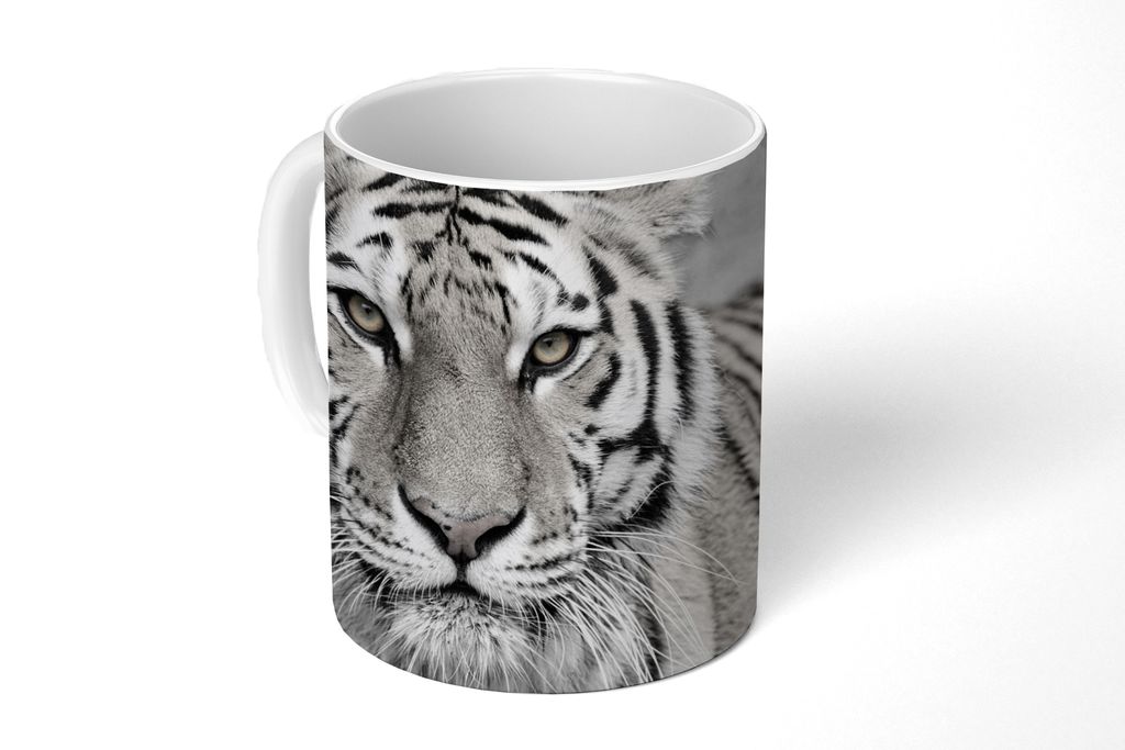 KitchenYeah Tasse Kaffeetasse Kaffeebecher 350 ml Tiger - Natur - Schwarz - Weiß Teetasse - Fototasse - Becher - Keramikbecher - Teebecher - Kaf...
