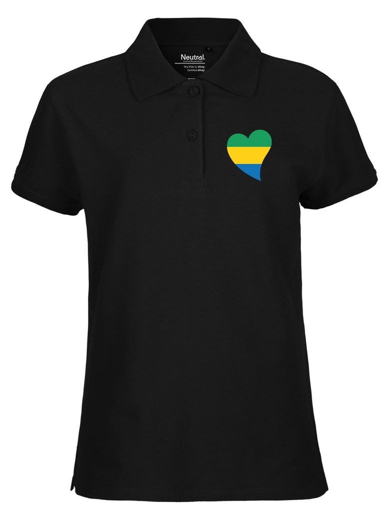 Huuraa Damen Polo Shirt Gabun Flagge Herz XXL Black Bio Baumwolle Fairtrade Poloshirt Geschenkidee