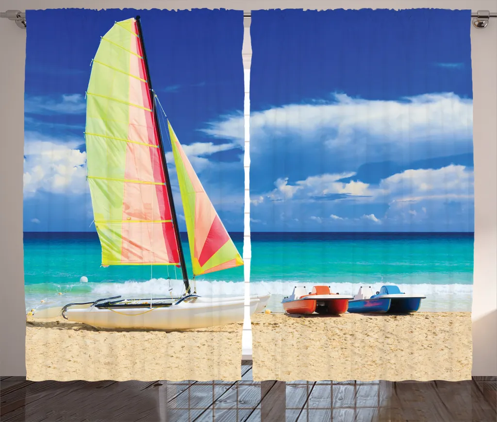 Rideaux Universels à Boucles Motifs Mer et Voiliers - 280 x 225 cm Bleu