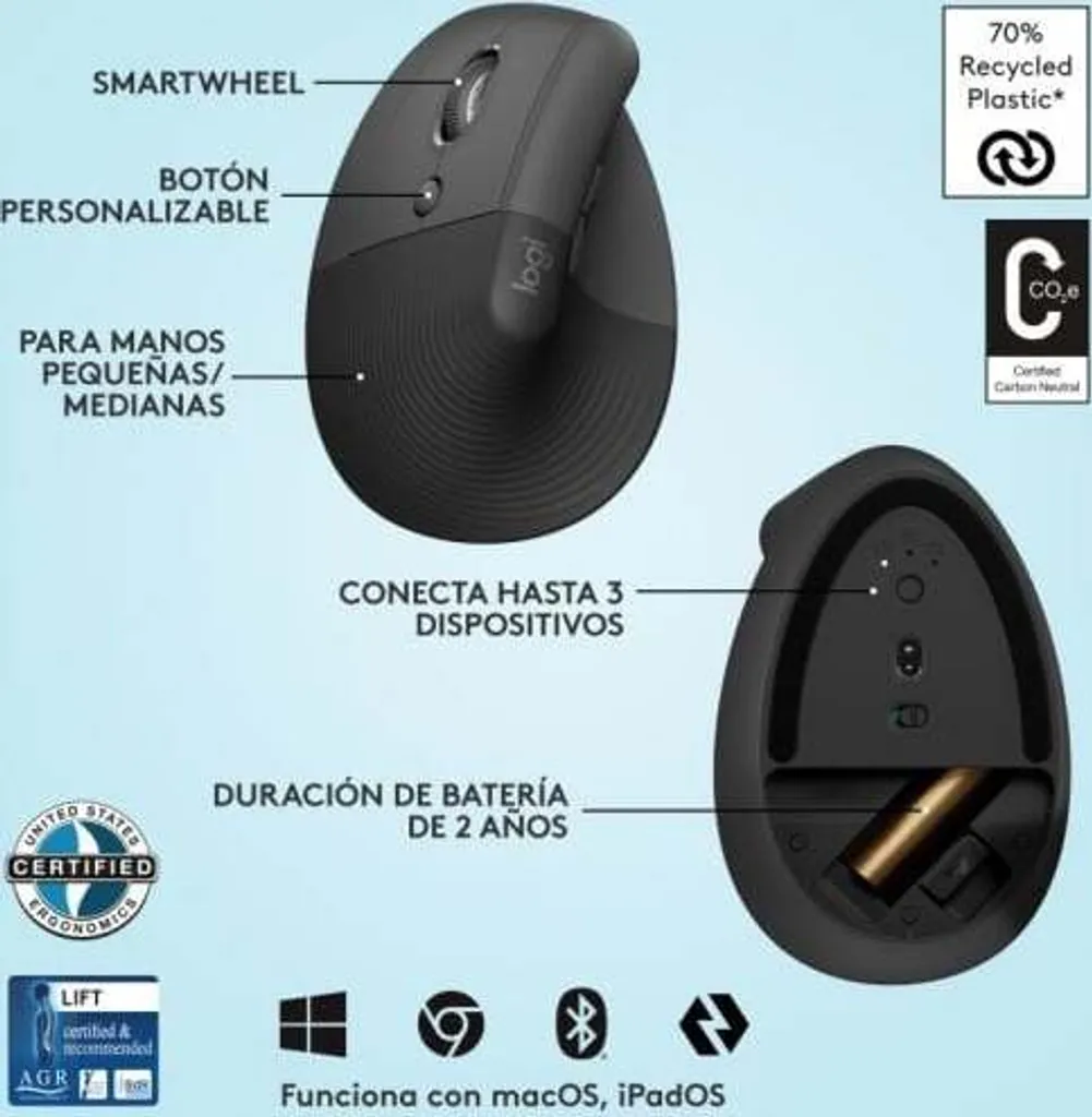 Logitech Lift Vertical Ergonomic Mouse - Souris verticale sans fil Graphite - 43