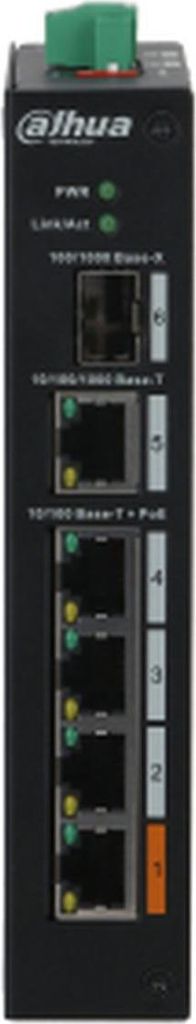 A black network switch with multiple ports and indicator lights.