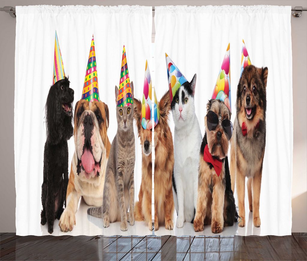 ABAKUHAUS Hund und Katze Rustikaler Vorhang, Party Animals in den Hüten, Wohnzimmer Universalband Gardinen mit Schlaufen und Haken, 280 x 225 cm, ...