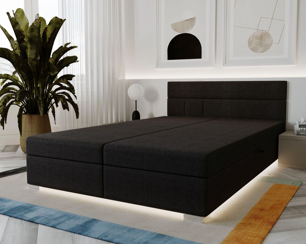 AURA SOFA Boxspringbett ASTRID DOUBLE 140x195 Komplett-Set mit Bonell Matratze, Polsterbett mit Bettkästen - Schwarz, SAWANA 14