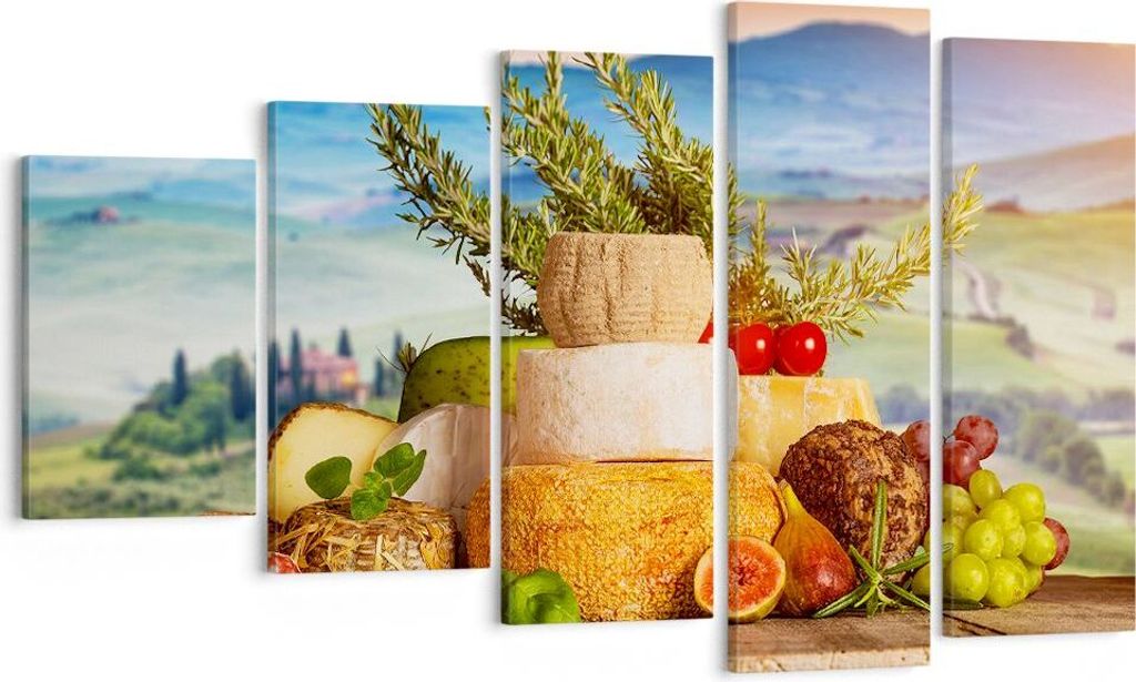 Bild auf Leinwand - Leinwandbild - Toskana Käse Obst Italien - 100x60cm - Wand Bild - Wanddeko - Leinwanddruck - Bilder - Kunstdruck - Wanddekorat...