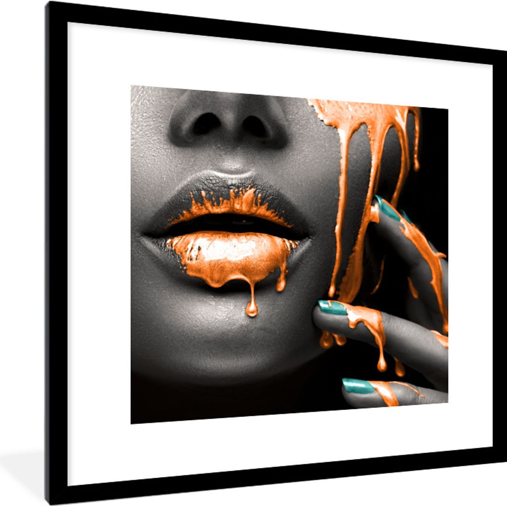MuchoWow MuchoWow Gerahmtes Poster Lippen - Orange - Schwarz 40x40 cm - Poster mit zchwarzem Bilderrahmen - Poster - Plakat im Rahmen