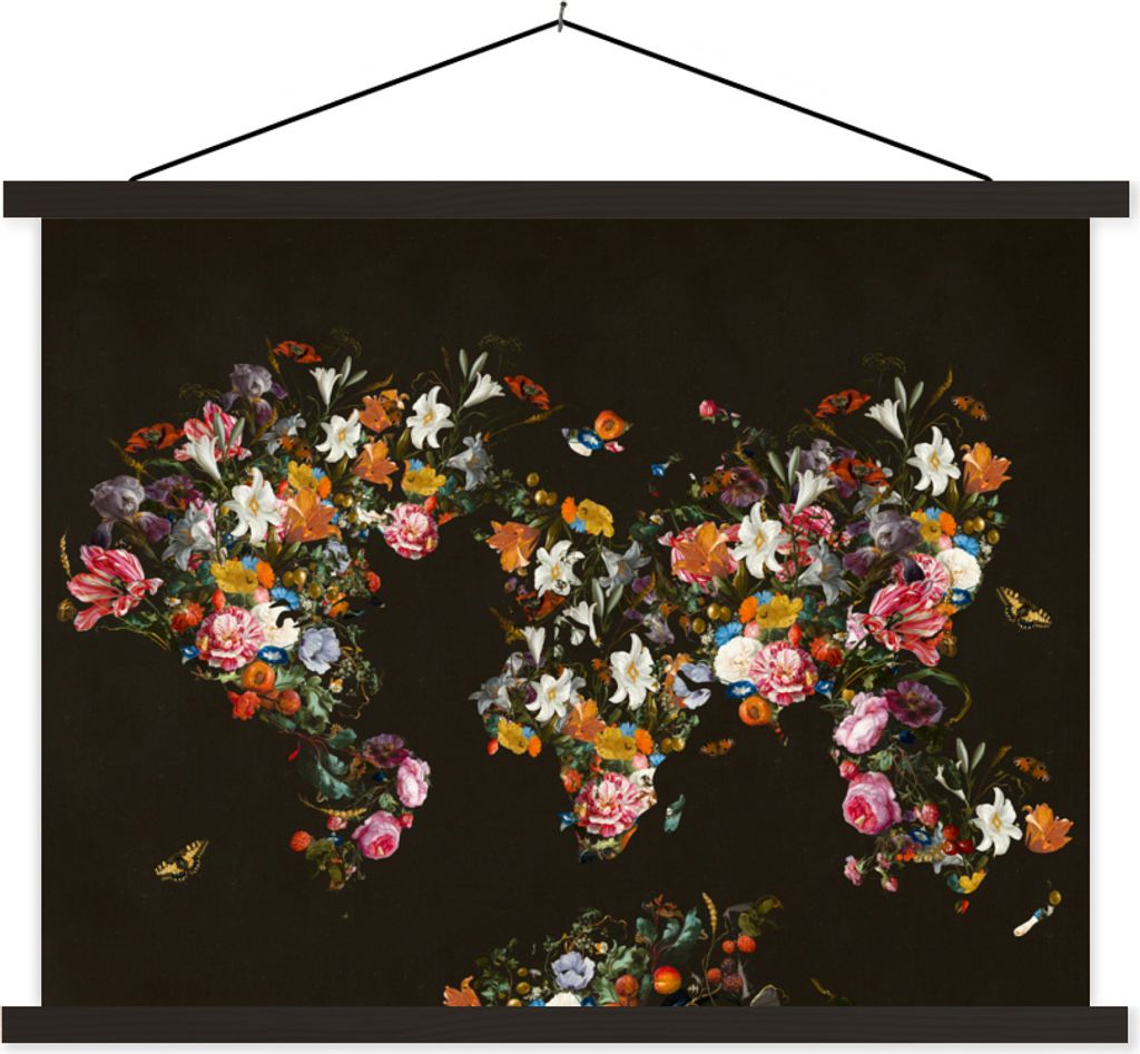 MuchoWow Textilposter Weltkarte - Blumen - Insekten 120x90 cm mit schwarzem Rahmen - Aufhänger für Poster