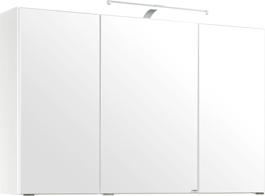 A white bathroom cabinet with a mirror and a light fixture above it.