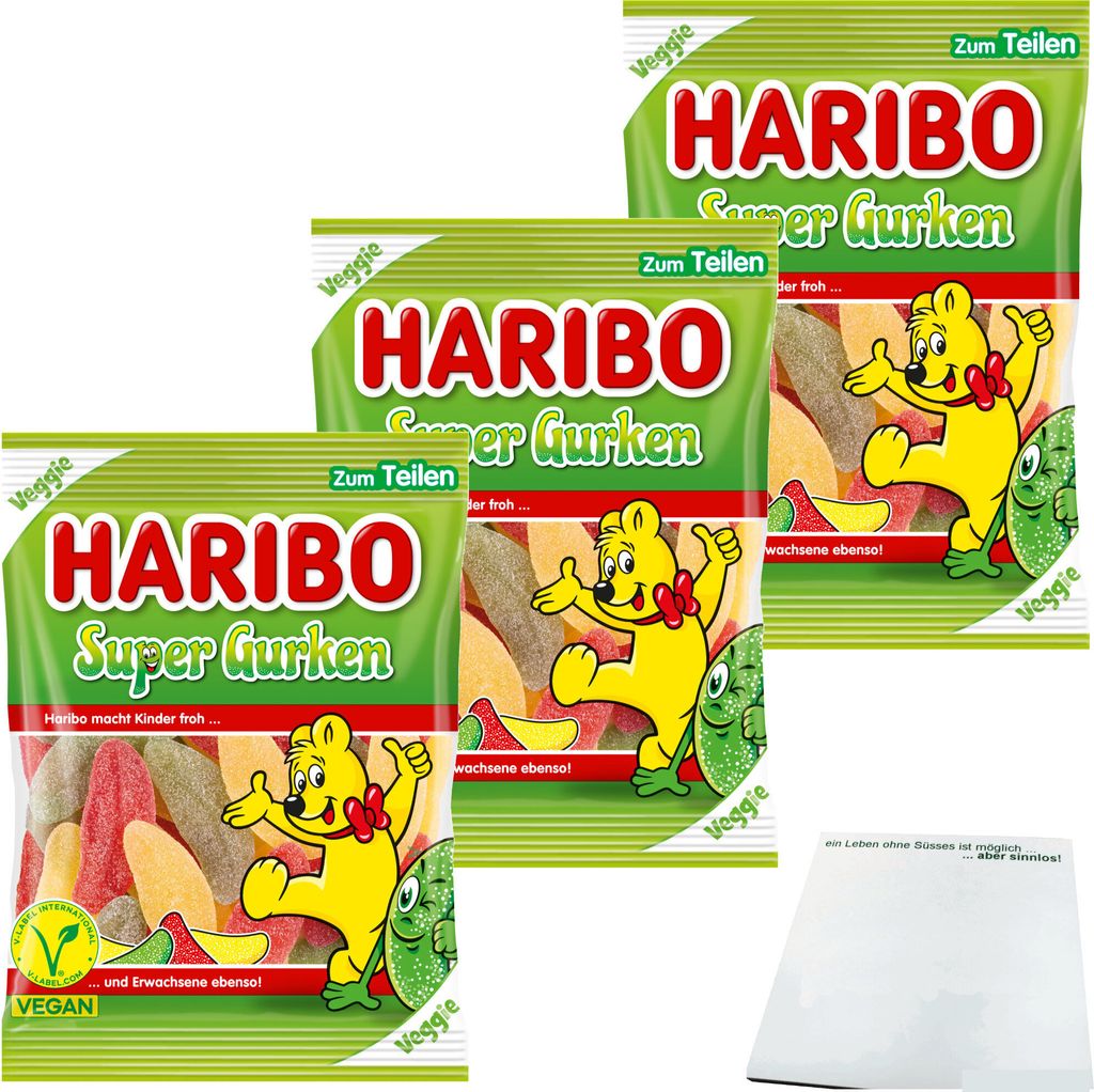 Haribo Super Gurken Veggie 3er Pack (3x175g Beutel) + usy Block