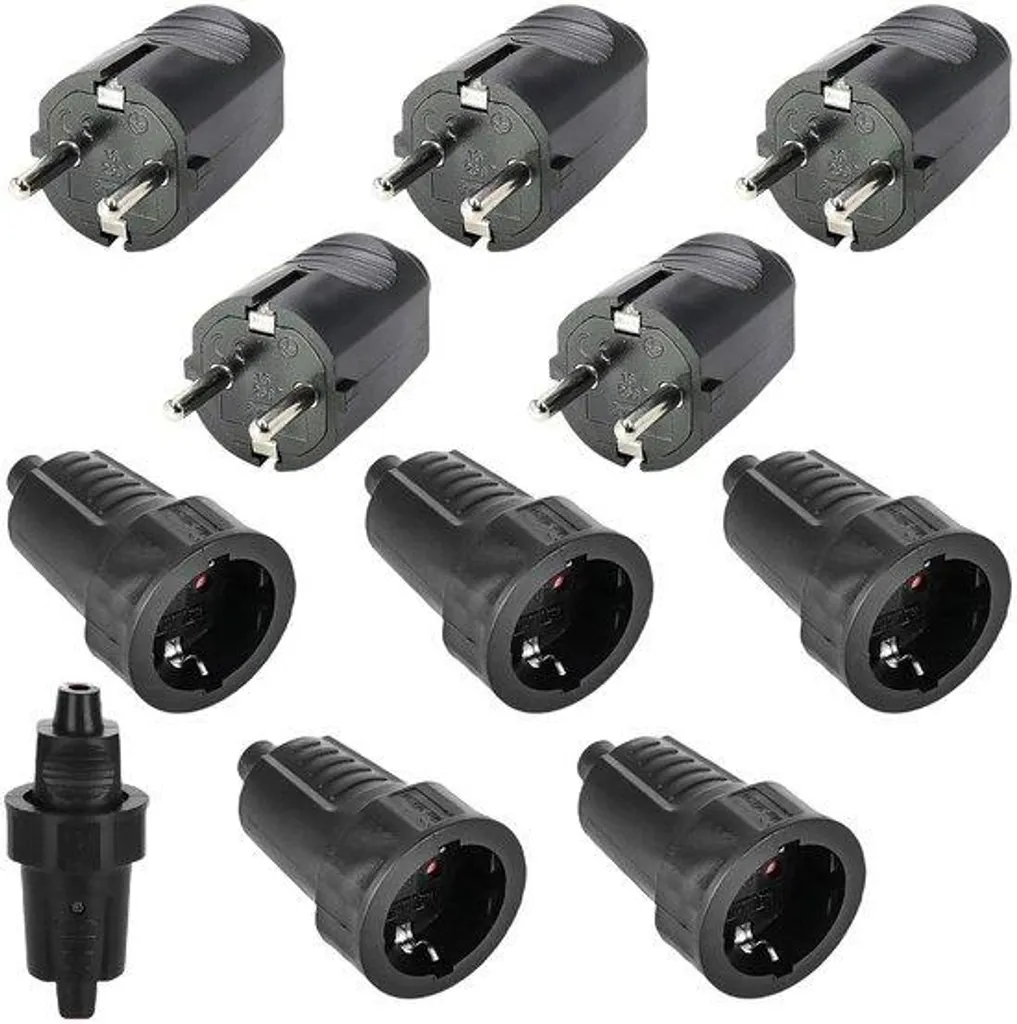 Fiche et prise caoutchoutées de type Schuko IP54 pour câble, lot de 5