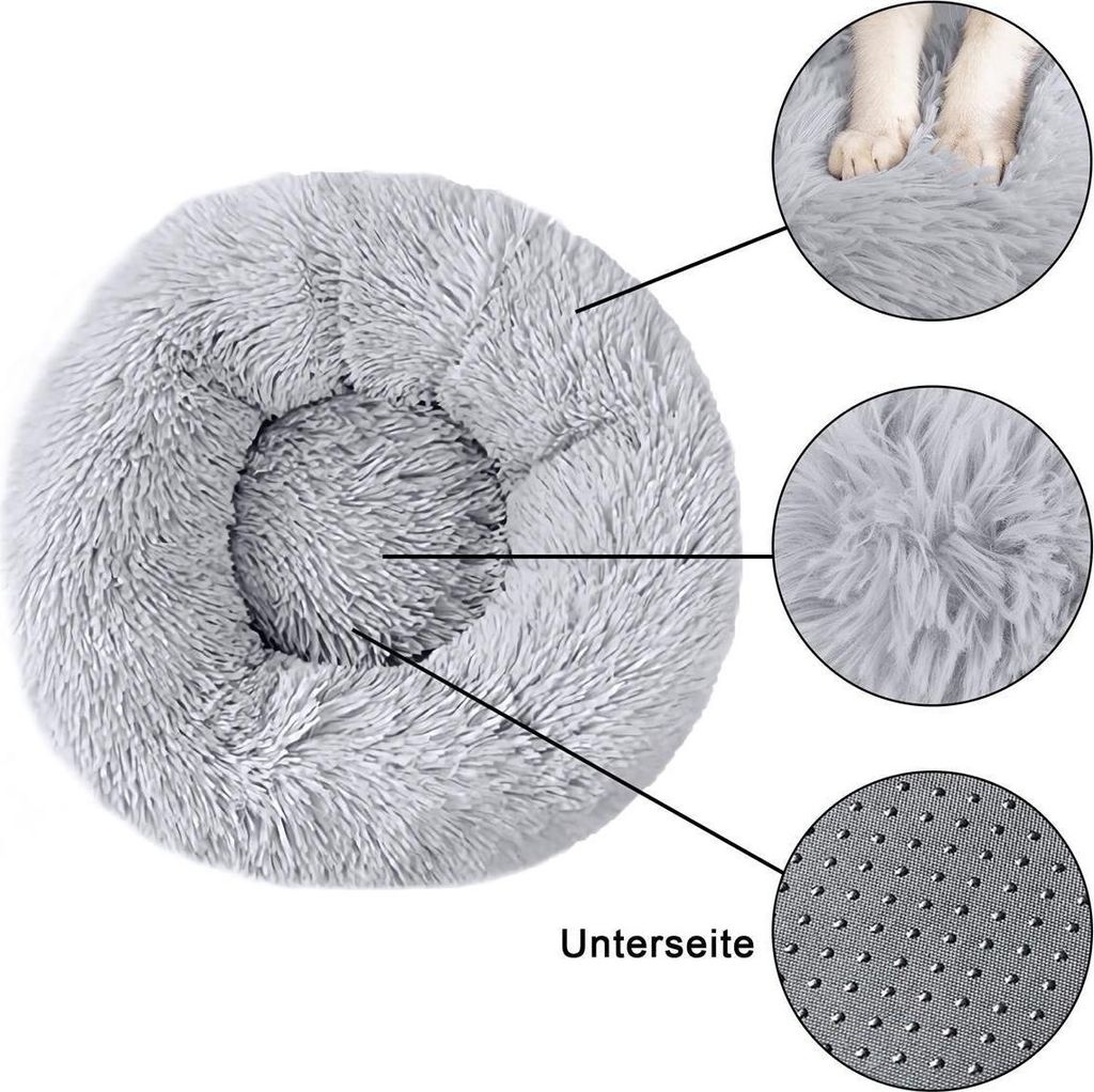 Intirilife flauschiges Plüsch Haustierbett in Hell Grau Durchmesser 60 cm - Weiches rundes rutschfestes Hundebett Katzenbett Kissen komfortables H...