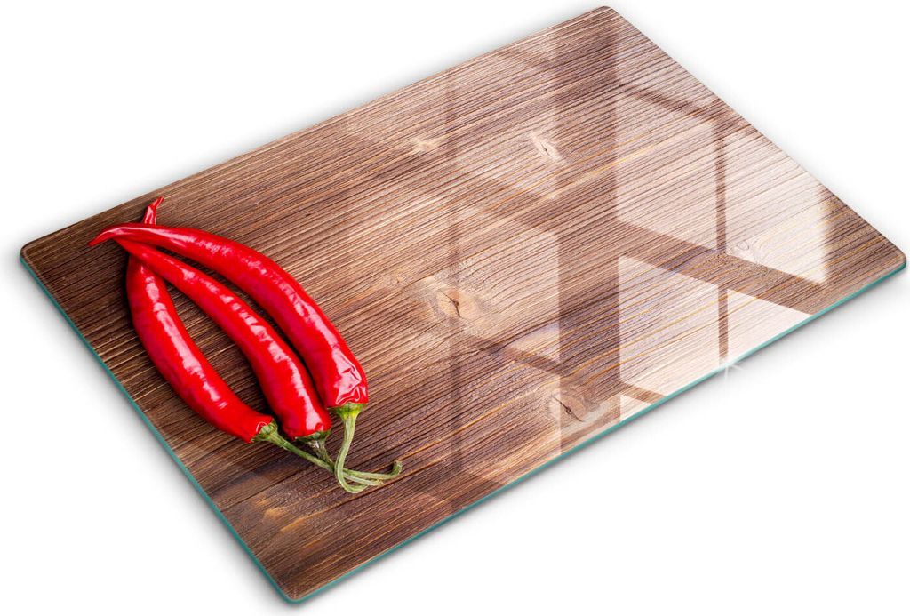 Glasschneideplatte - Herdabdeckplatte - 80x52 cm -Schneidebrett - Spritzschutz -Chilischoten auf Holz