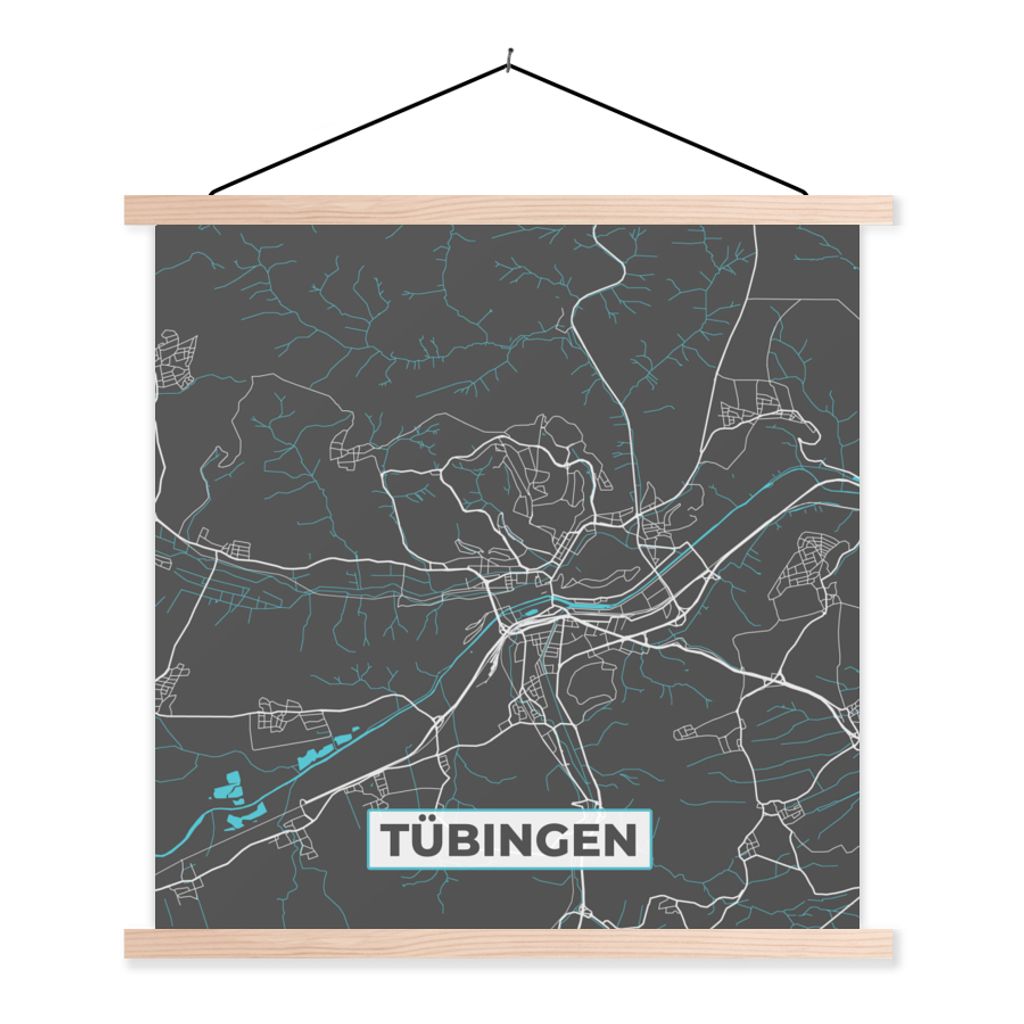 MuchoWow Textilposter Blau - Deutschland - Karte - Stadtplan - Tübingen 40x40 cm mit holzfarbenen Rahmen - Posterleiste