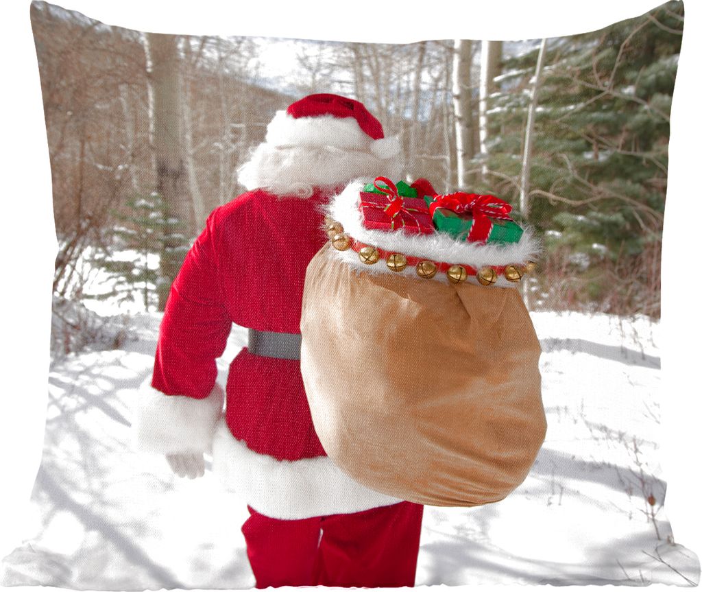MuchoWow Zierkissen Sofakissen Wohnzimmer Dekokissen 40x40 cm Der Weihnachtsmann geht mit einem Sack voller Weihnachtsgeschenke durch einen Wald ...