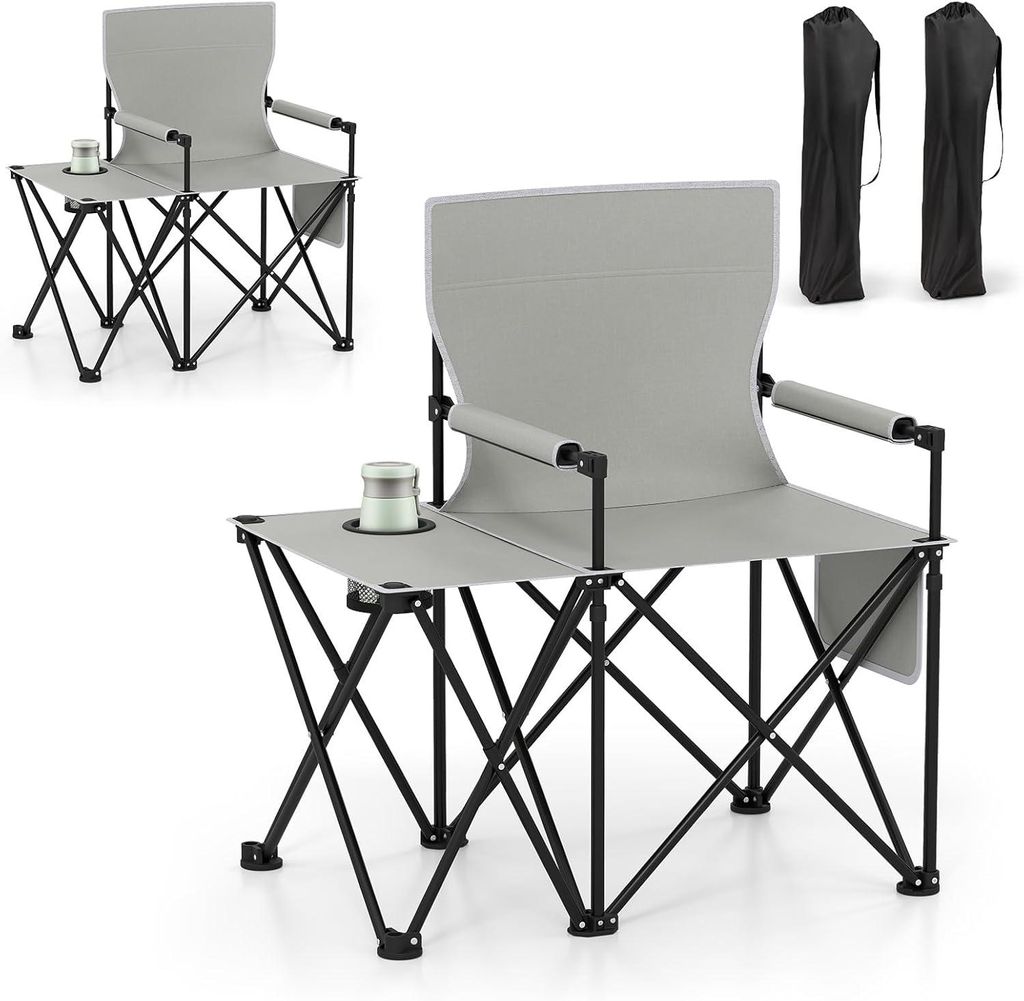 KOMFOTTEU 2er Set Campingstühle klappbar mit Seitentisch, Klappstühle mit Becherhalter & Tragetasche, Angelstuhl bis 150 kg, Faltstuhl für Veran...