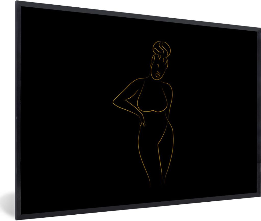 MuchoWow Gerahmtes Poster Frau - Schwarz - Gold - Strichzeichnung 90x60 cm - Poster mit Schwarzem Bilderrahmen Wandposter Rahmen Foto Bilder - Fo...
