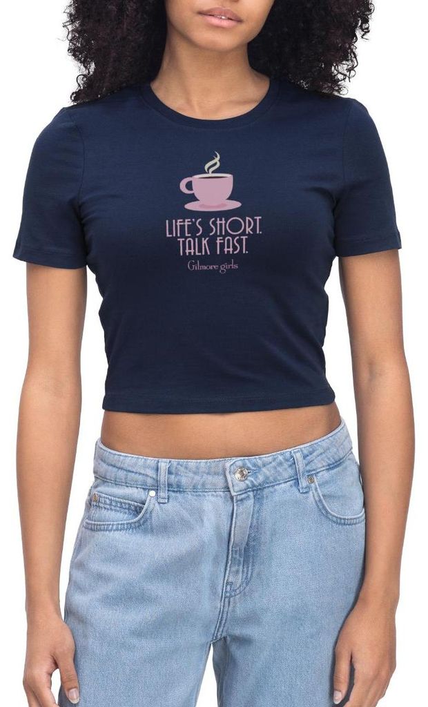 Spreadshirt Gilmore Girls Kaffeetasse & Spruch „Talk Fast“ Crop Top, M, Light Navy