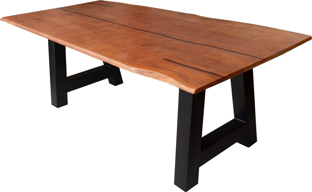 Baumkantentisch 240 x 100 cm Polly, Epoxidharz-Adern in Schwarz, Akazienholz massiv + nussbaumfarben, Esstisch mit A-Eisengestell Schwarz, Tischpla...