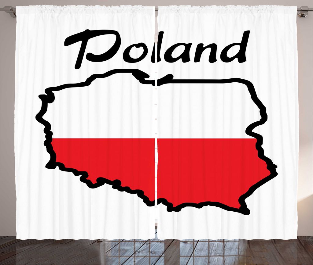 ABAKUHAUS Polen Rustikaler Gardine, Karte und Flagge Illustration, Schlafzimmer Kräuselband Vorhang mit Schlaufen und Haken, 280 x 225 cm, Vermili...