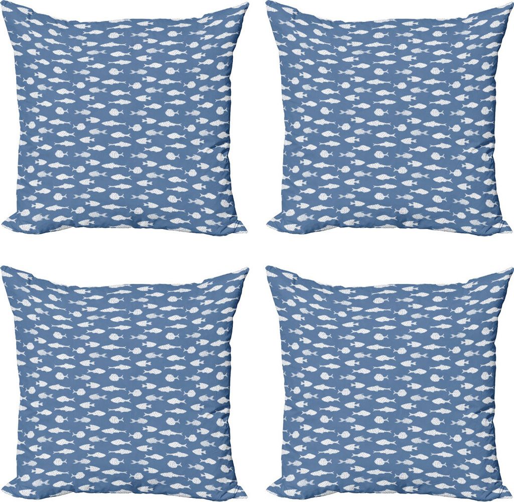 ABAKUHAUS Fisch Kissenbezug Set (4 Stück), Weiß Silhouette Fisch, Moderner Doppelseitiger Digitaldruck, 40 cm x 40 cm, Ceil Blau und Weiß