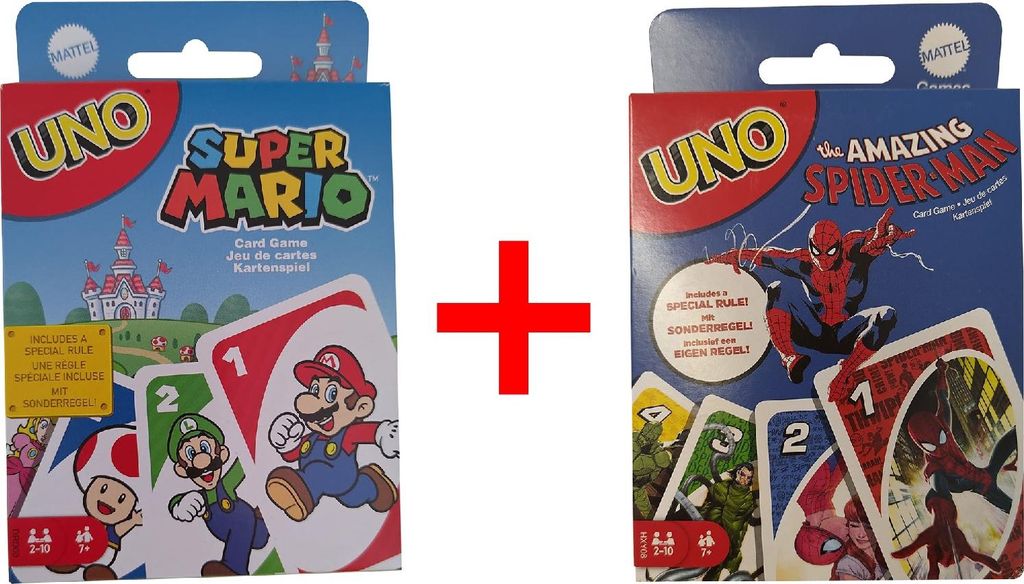 UNO Super Mario und The Amazing Spider-Man, 2er-Set, Kartenspiel, 112 Karten, Spielanleitung, 2-10 Spieler, für Kinder, Jugendliche, Erwachsene