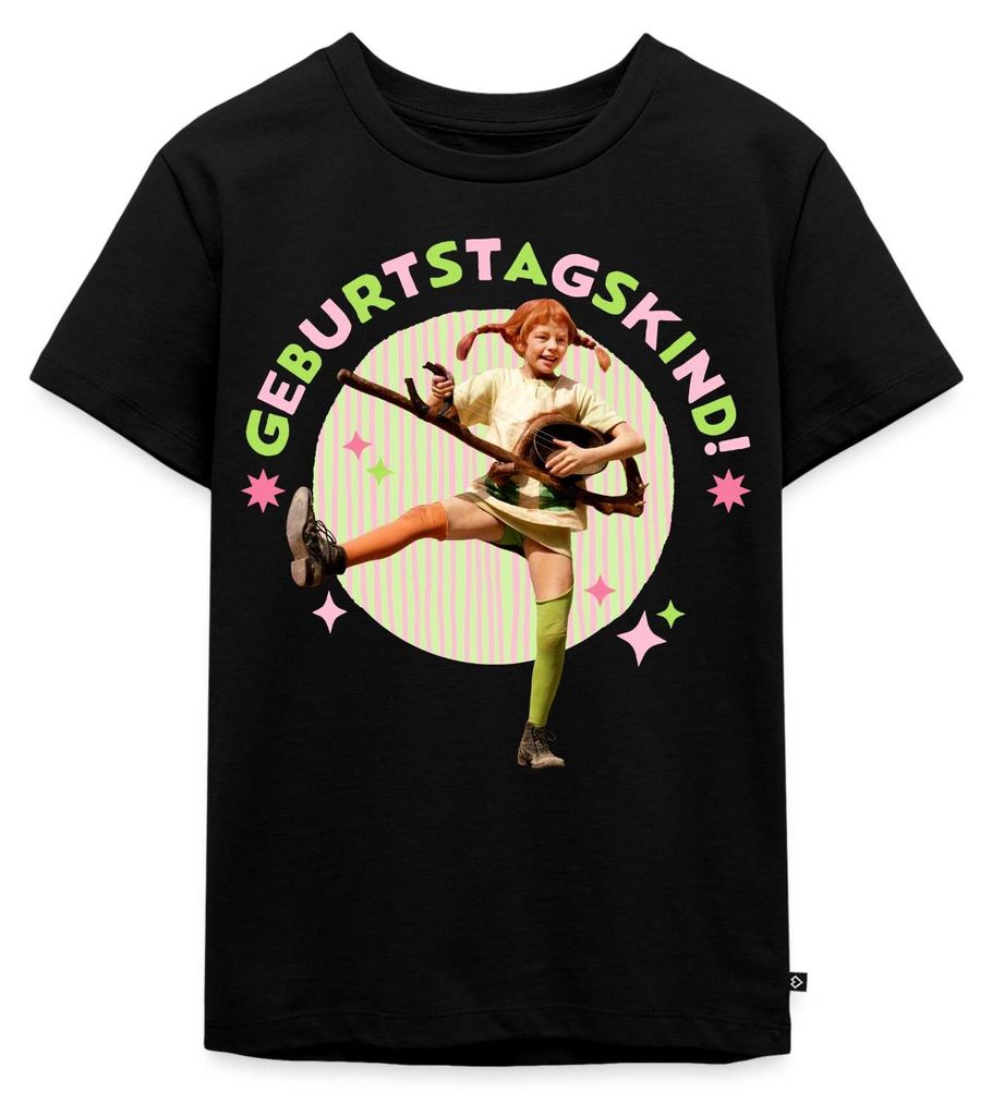 Spreadshirt Pippi Langstrumpf Geburtstag Pippi Mit Gitarre Kinder Premium T-Shirt, 110/116 (4 Jahre), Schwarz