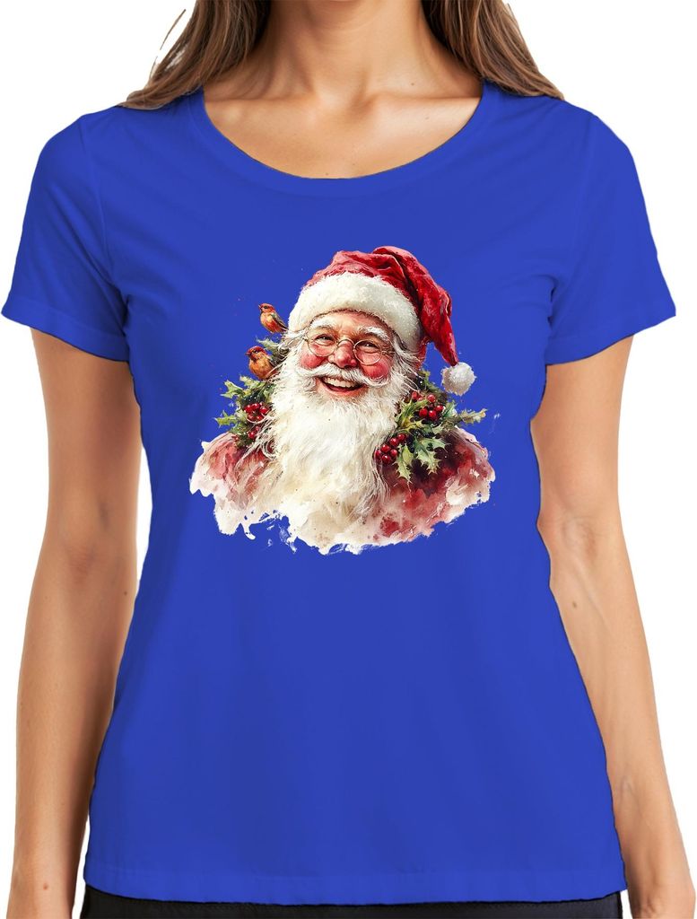 Weihnachtsmann Aquarell Vintage Stechpalme Rotkehlchen Geschenk Damen T-Shirt, Blau, M