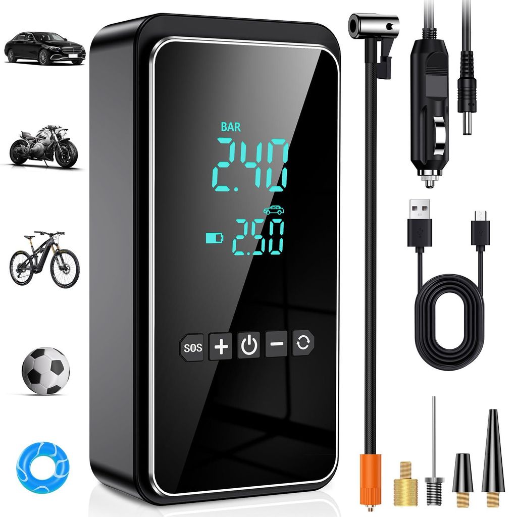 Elektrische Luftpumpe 150PSI, Tragbarer Akku Kompressor 12V 6000mAh, Wiederaufladbare USB-C Luftpumpe Fahrrad Elektrisch mit Notbeleuchtung und Digita