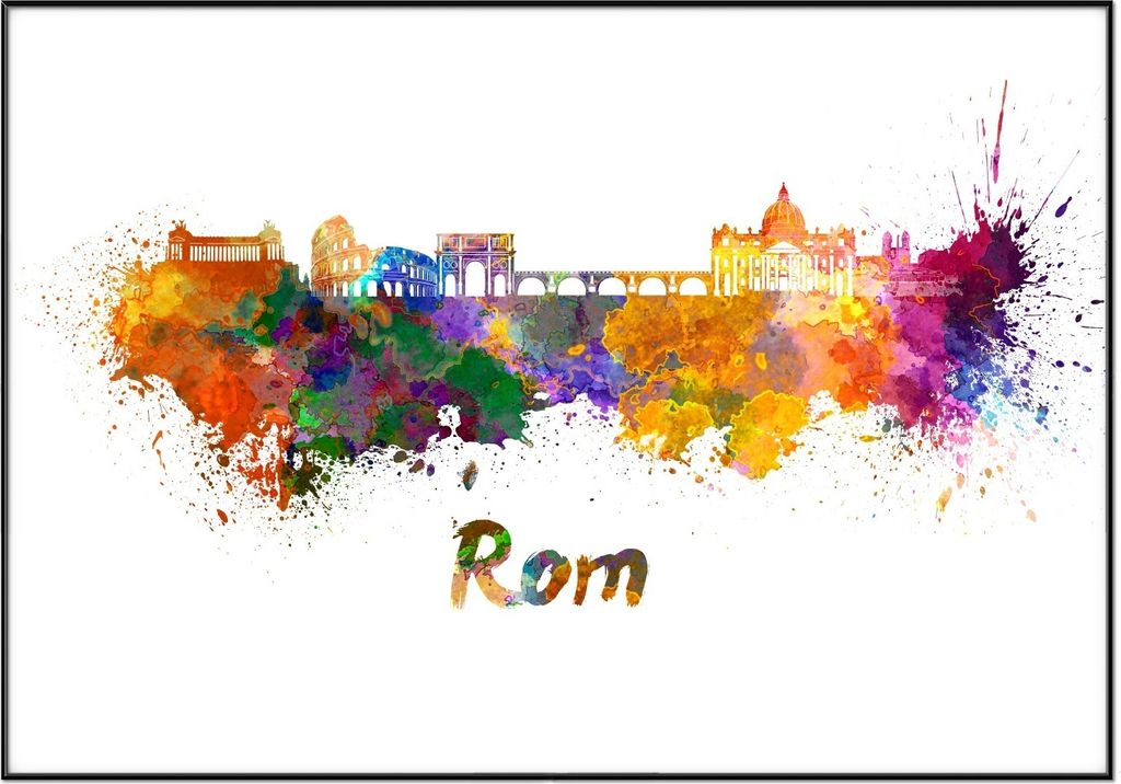 Wallario Wandbild Städte als Aquarell - Skyline von Rom, Größe: 70,30 x 100,30 cm, Poster mit schwarzem Aluminiumrahmen