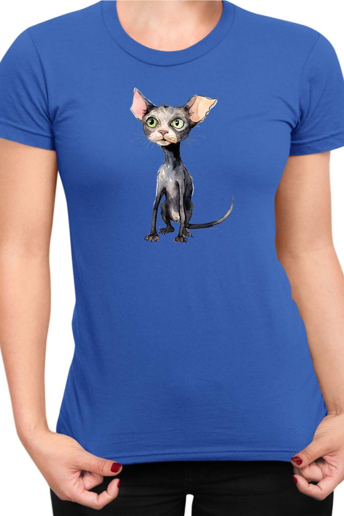 Damen T-Shirt Funny Cats Breeds Bambino Cat 011, Lady M / Blau