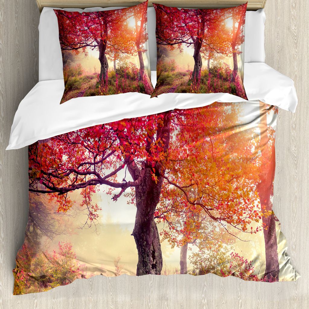 ABAKUHAUS Natur Bettbezugs Set Für Doppelbetten, Romantisch Herbst Bäume Wald, Milbensicher Allergiker geeignet mit Kissenbezügen, Braun Zinnobe...