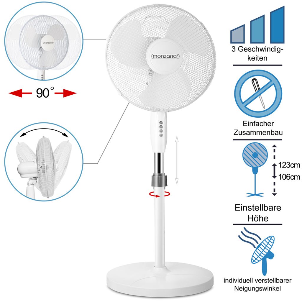 Stand-Ventilator 55 Watt LEISE Ø 43 cm Oszillierender Ventilator Klimagerät Fan 