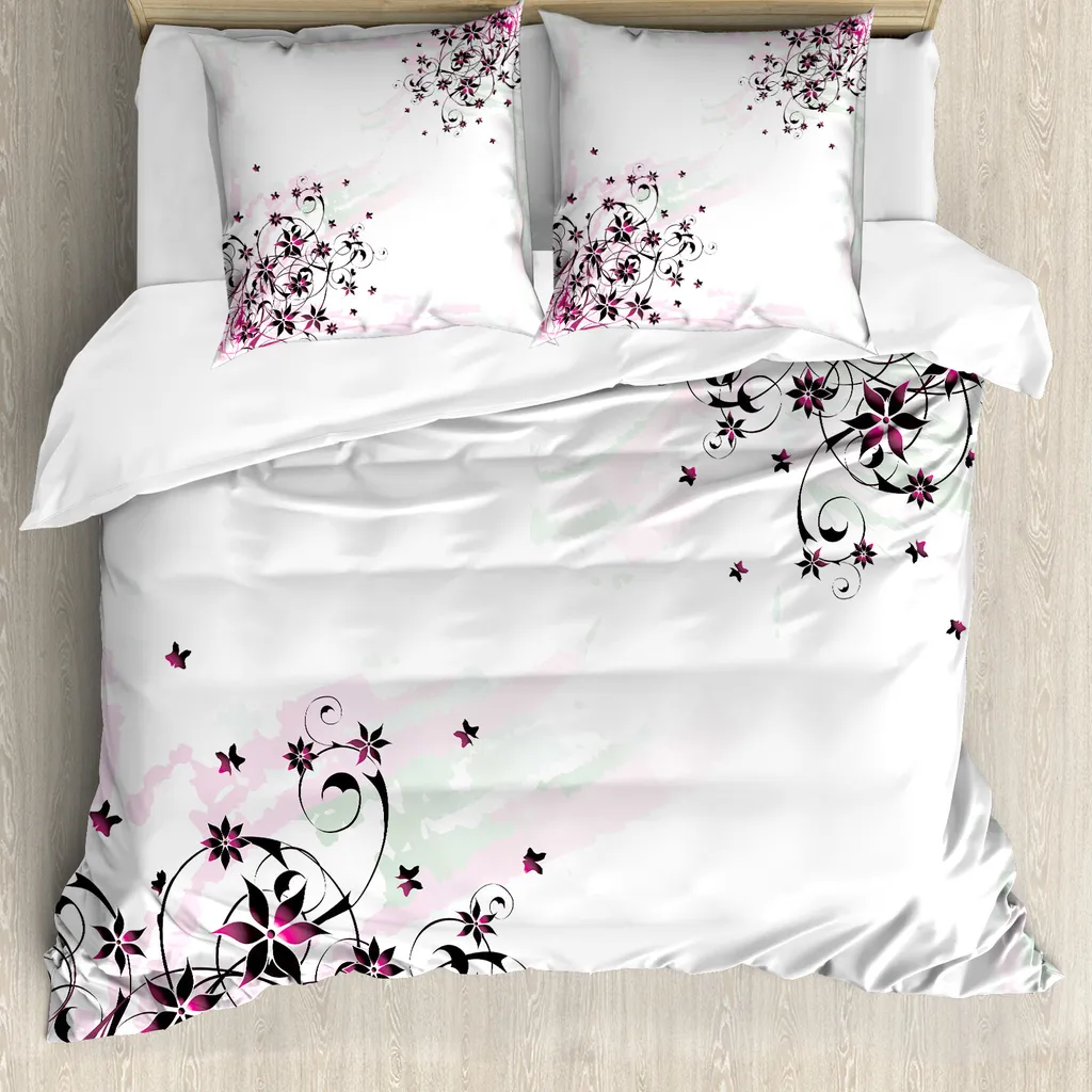 ABAKUHAUS Copripiumino con motivi floreali, motivo floreale grunge, antiacaro, adatto a chi soffre di allergie, con federe, 155 cm x 220 cm - 80 x 80 cm, nero rosa pallido menta