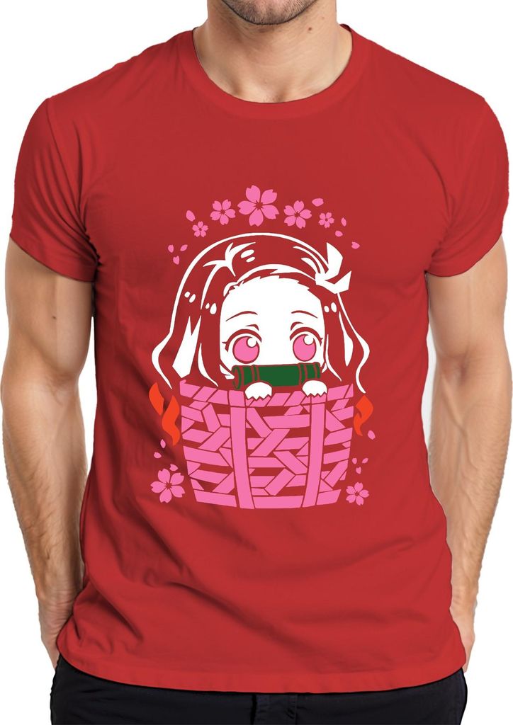 Nezuko Kimetsu No Yaiba Anime Kawaii Bambus Korb Sakura Geschenk Herren T-Shirt, Rot, XL