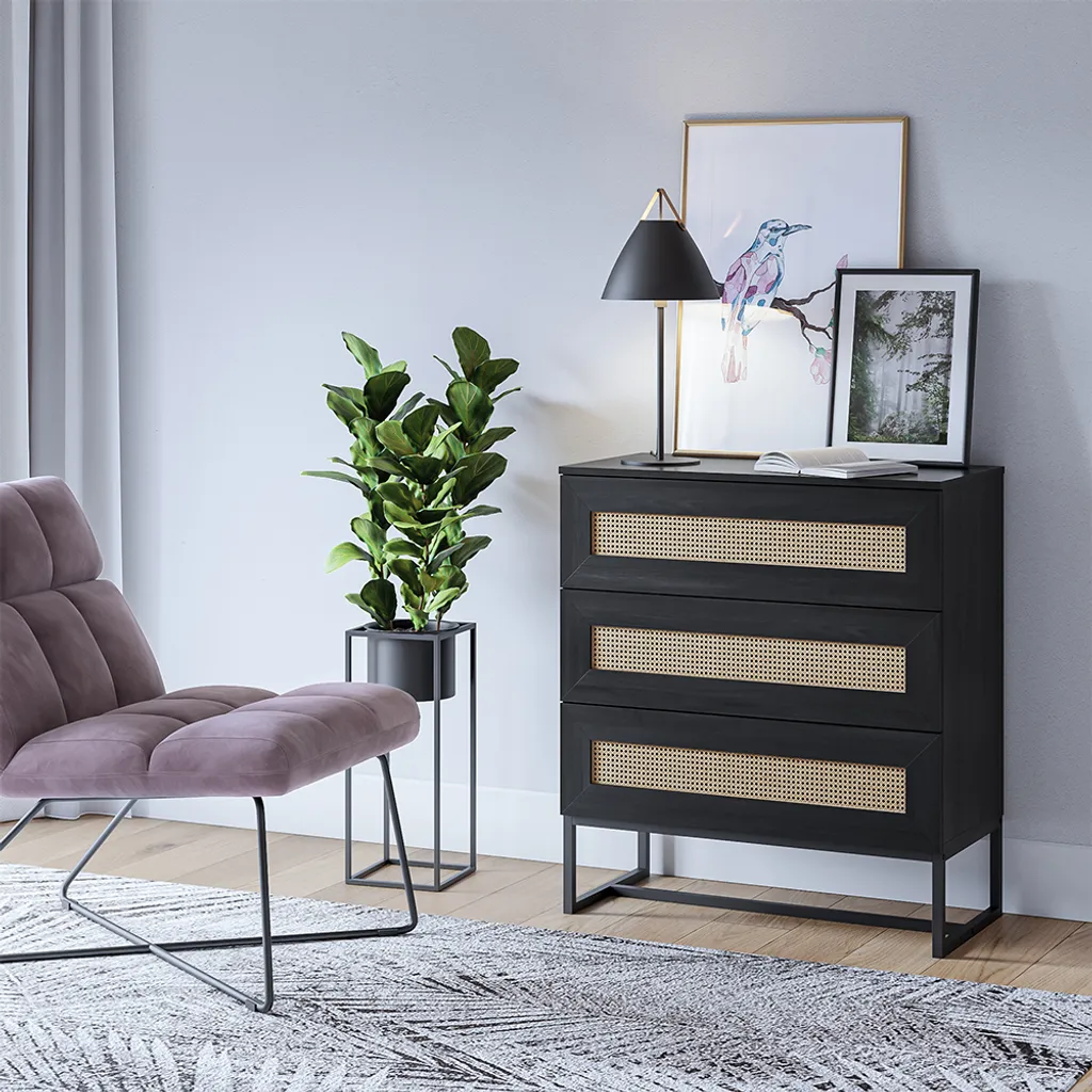 Commode KERALS Selsey Noire avec Rotin et Pieds en Métal - L 80 cm