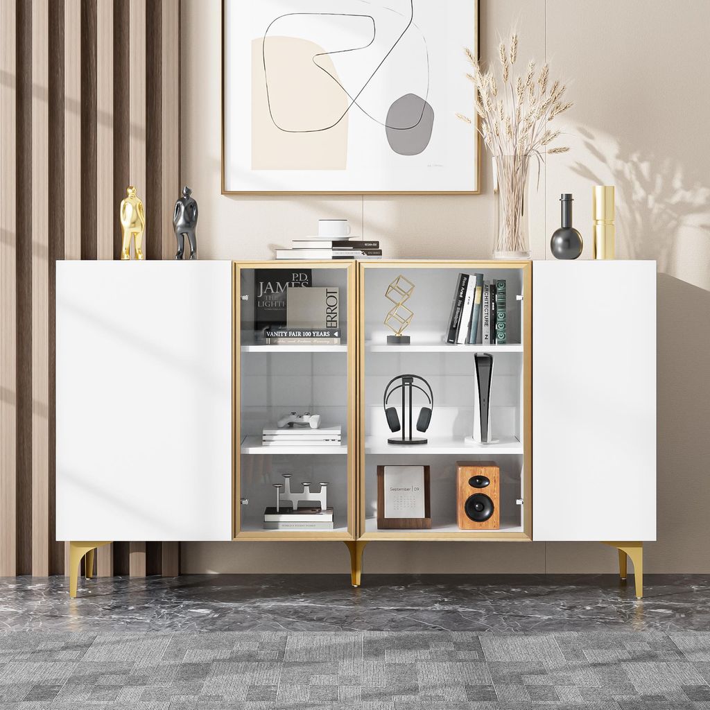 Merax Sideboard mit Glastüren und Metallbeinen, Kommode Weiß 150 cm, modernes Buffet grifflos, asymmetrisch, viel Stauraum, Wohnzimmer Esszimmer