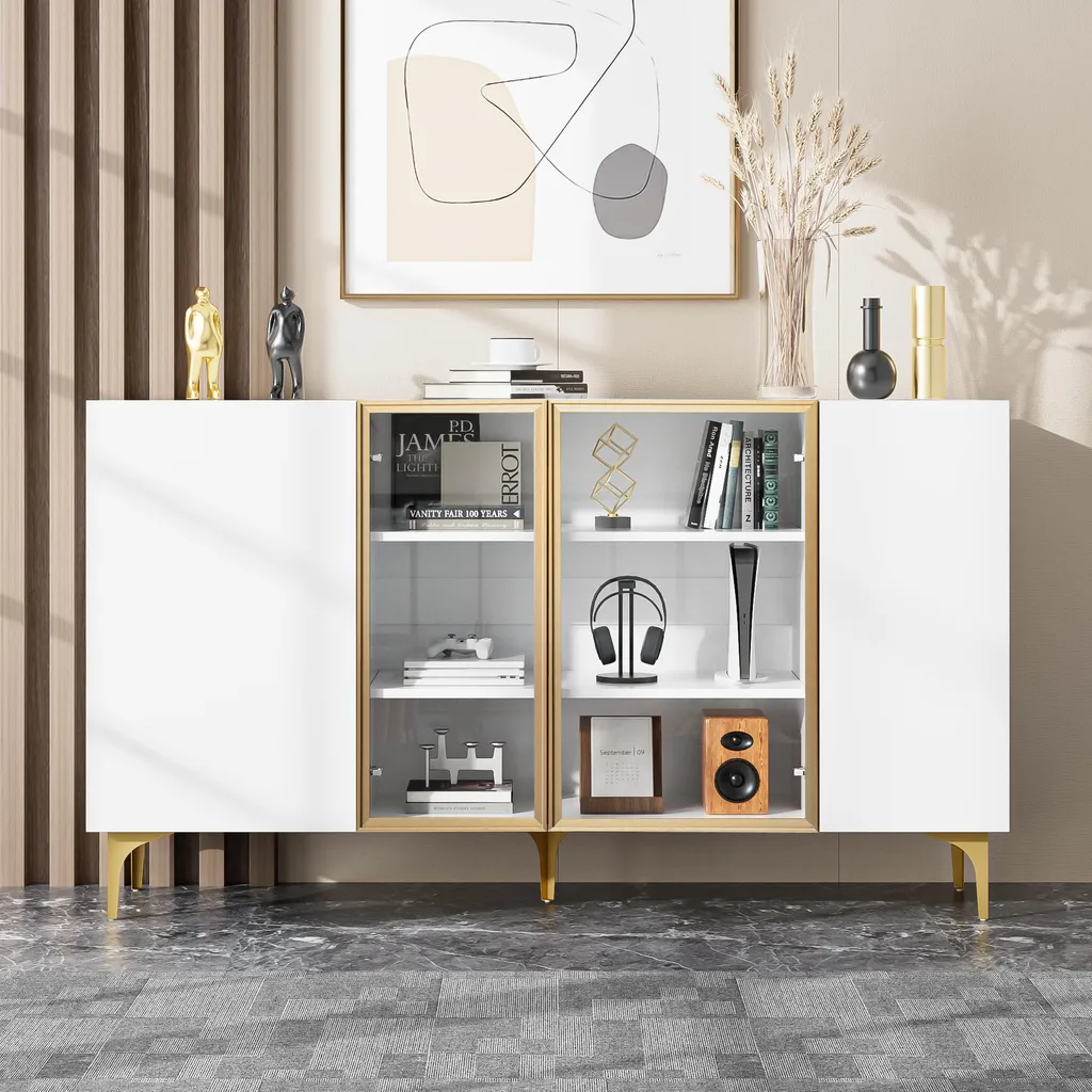 Meuble de Rangement Salon 150 cm Blanc Buffet pour Vaisselle et Décor