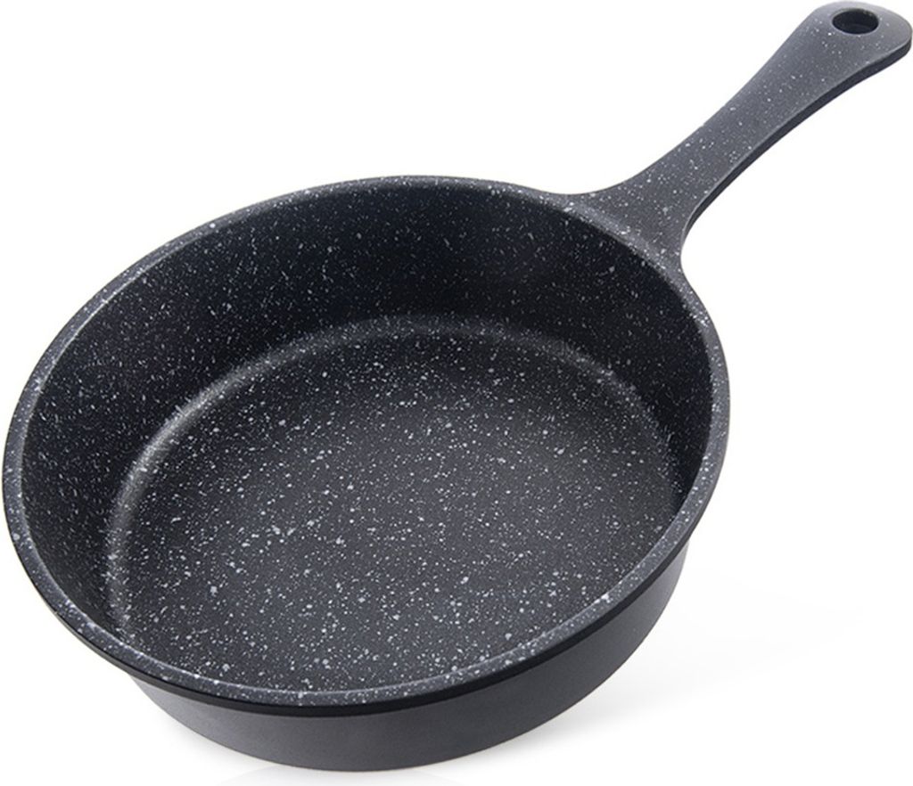 A black frying pan with a speckled interior and a black handle, shown from a slightly elevated side angle on a white background.