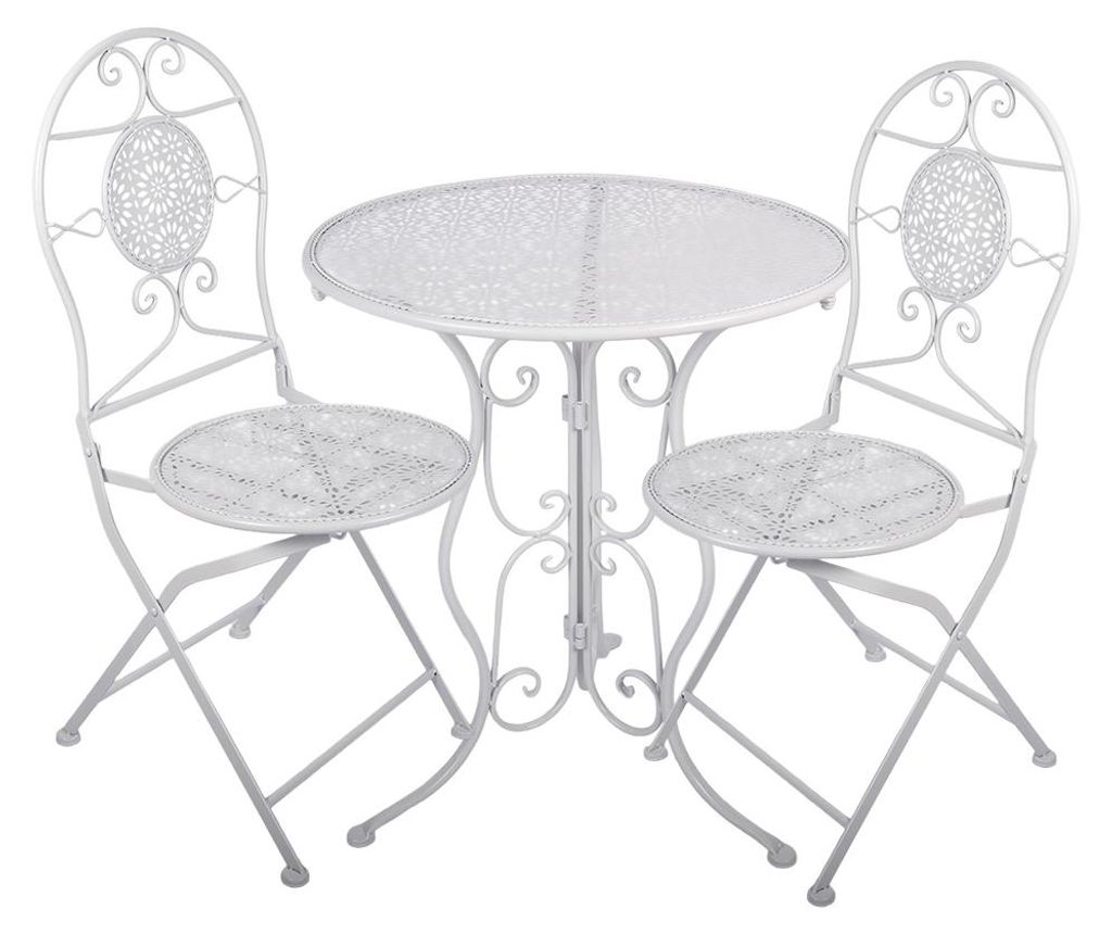 Clayre & Eef Bistro-Set Bistrotisch Bistrostuhl 3-Teilig Ø 60x70 / 50x40x93 cm Weiß Metall