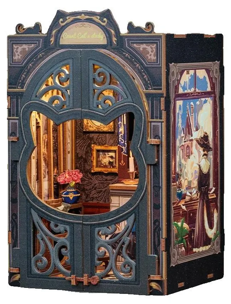Book Nook Lumineux Étude des Chats - Décoration de Bibliothèque en Bois
