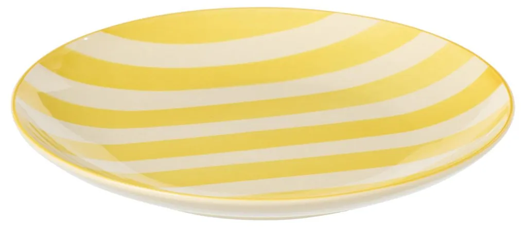 Assiette plate en faïence jaune à rayures décoratives style campagne