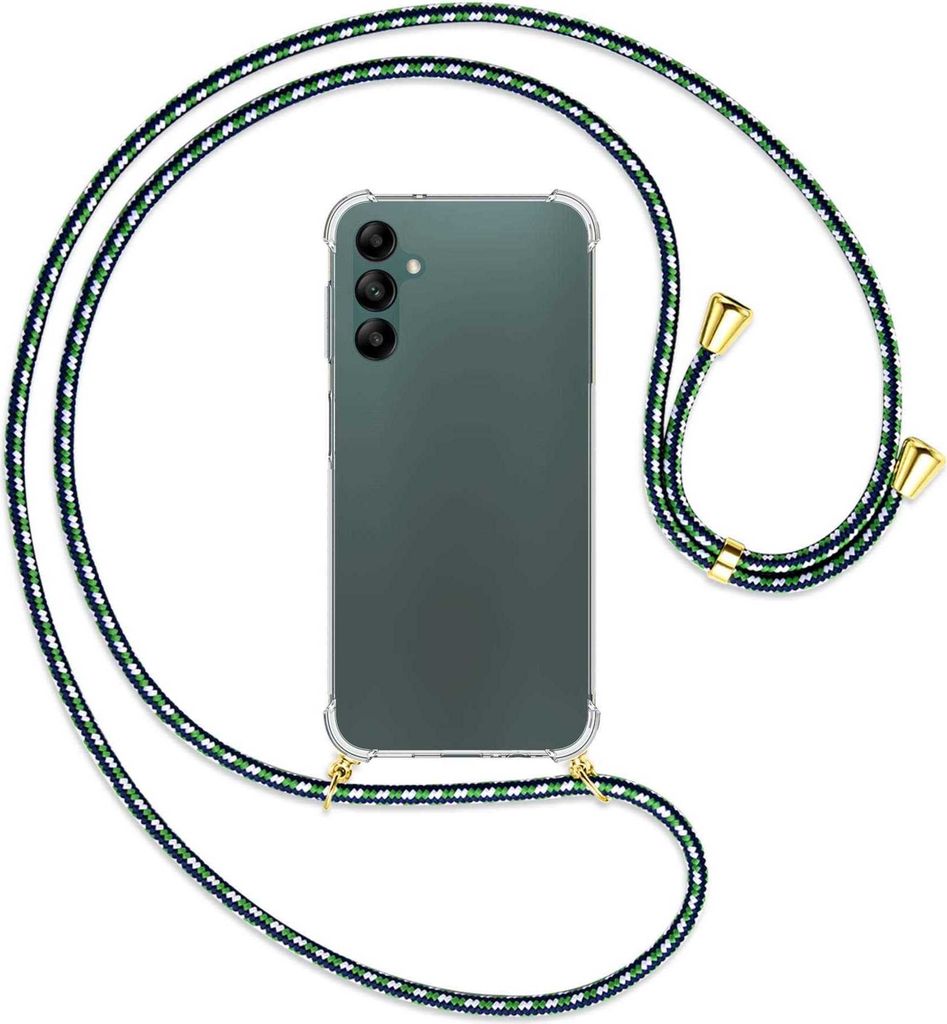 Handykette Backcover-Schutzhülle mit Band (Metall goldfarben) für Samsung Galaxy A14 5G - grün/blau/weiß