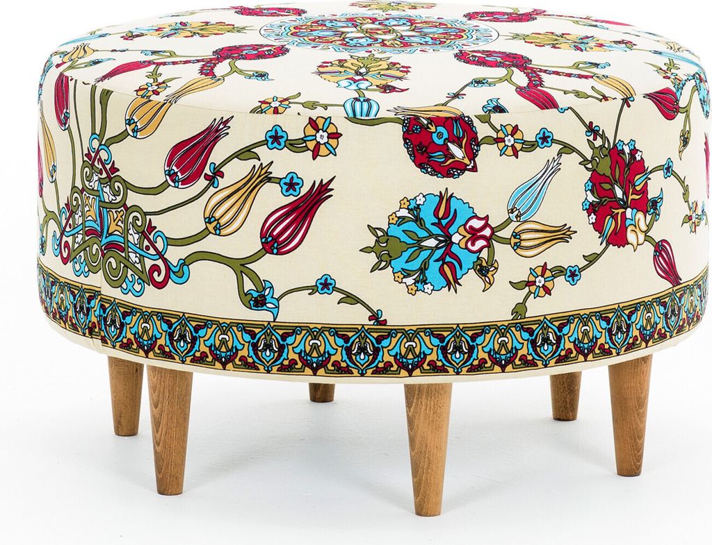 A round ottoman with a patterned fabric cover and wooden legs, shown against a white background.