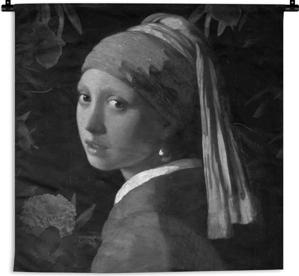 MuchoWow Wandteppich Wandbehang Das Mädchen mit dem Perlenohrring - Johannes Vermeer - Schwarz und weiß 150x150 cm Tapisserie Dekoration Wandtu...
