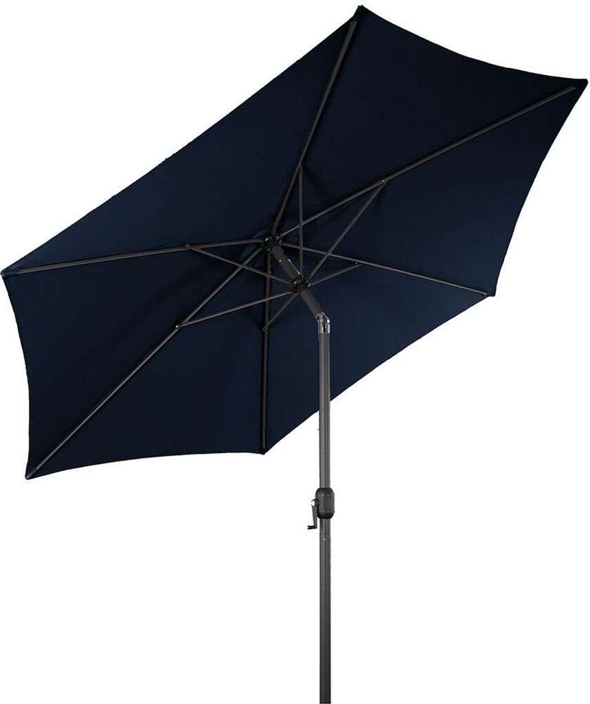 A navy blue rectangular patio umbrella is shown from a low angle against a white background.
