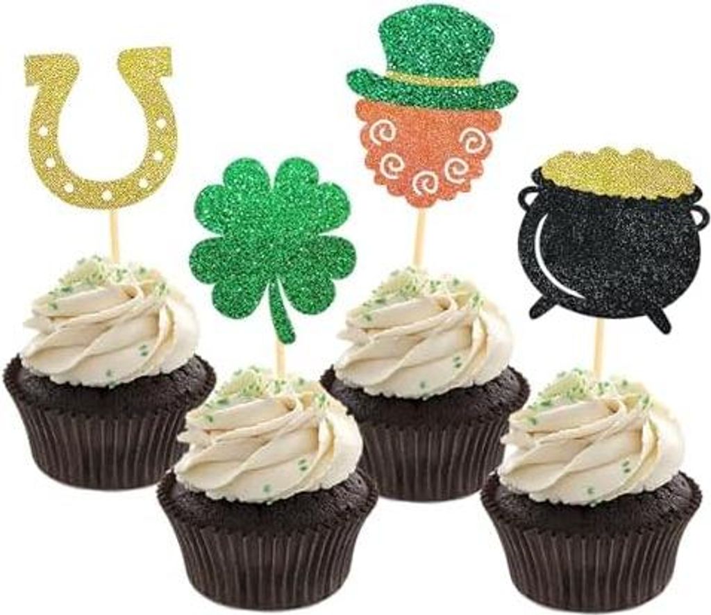 24 Stück St. Patrick's Decoration Cupcake Topper, St. Patrick's Cake Deco, Happy St. Patrick's Day Grün Decoration Topper Kleeblätter Für St. P...