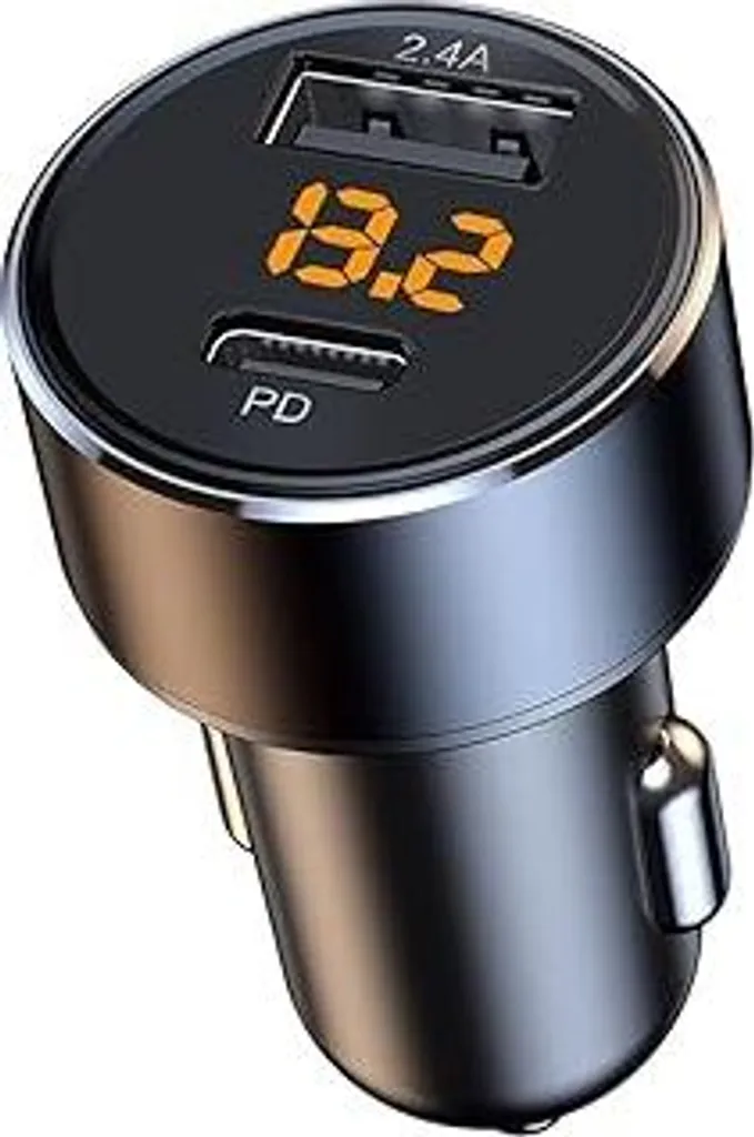 Caricabatteria da auto USB C PD da 30 W con ricarica rapida USB-A da 18 W e indicatore di tensione a LED – Adattatore compatto per accendisigari per iPhone, Samsung, tablet (12 V/24 V)