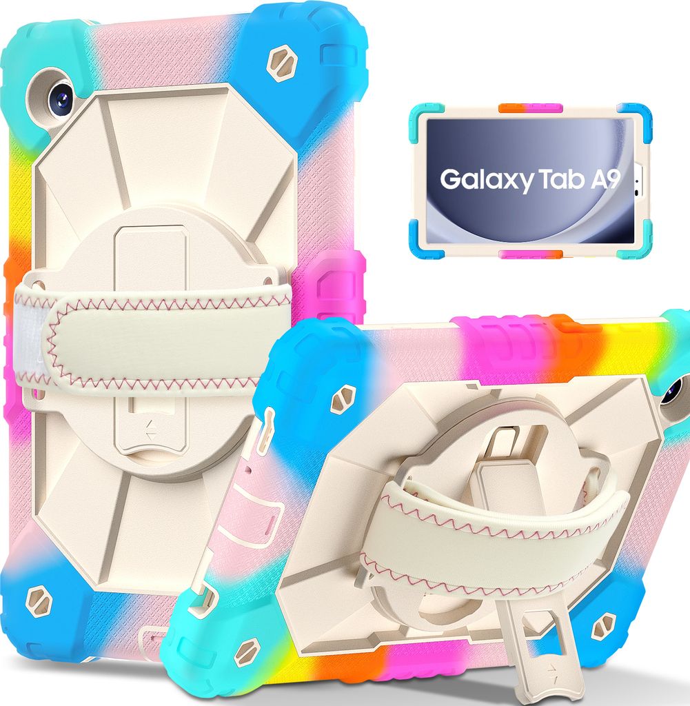 Hülle für Samsung Galaxy Tab A9 2023 8,7 Zoll SM-X110/X115/X117 Tablette Schutzhülle Stoßfeste mit 360 Drehbarer Handschlaufe/Ständer Bunt Pink