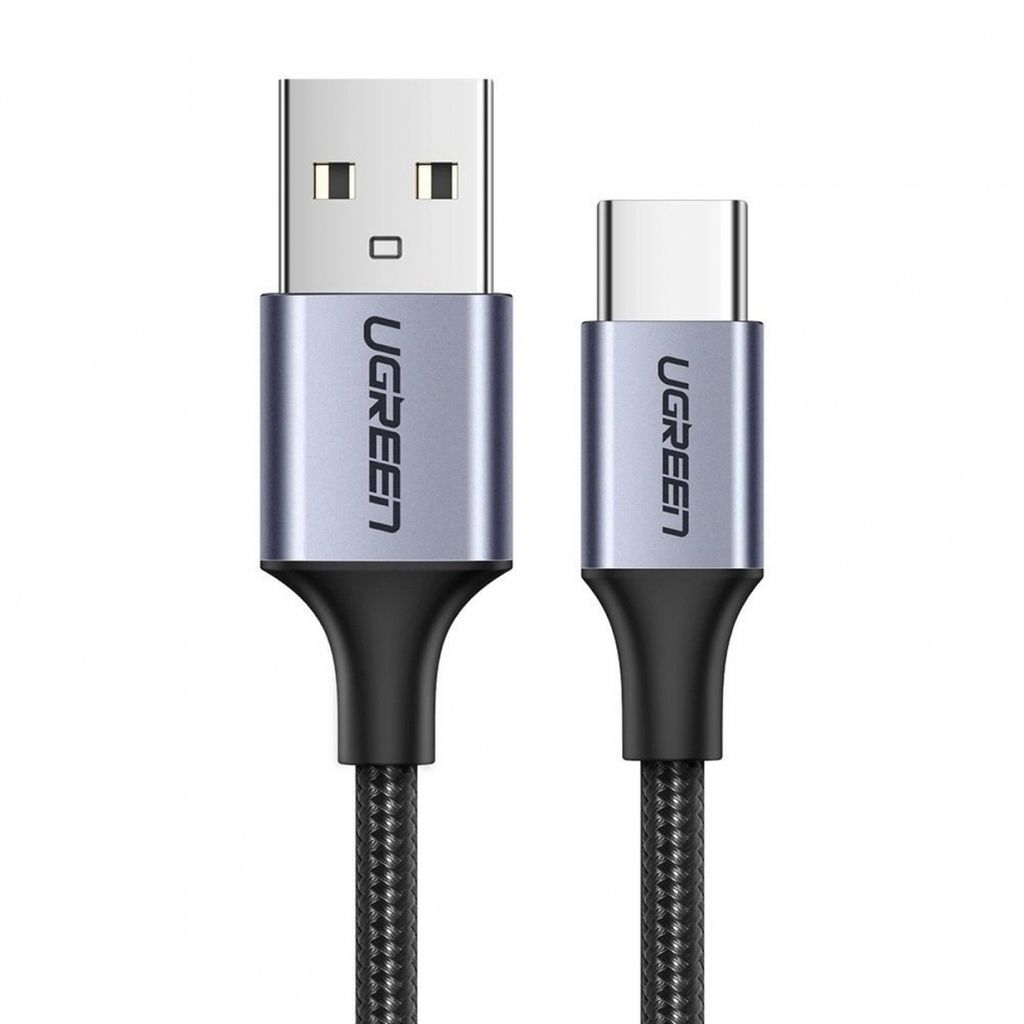 A close-up studio shot of a USB-A to USB-C cable against a white background.